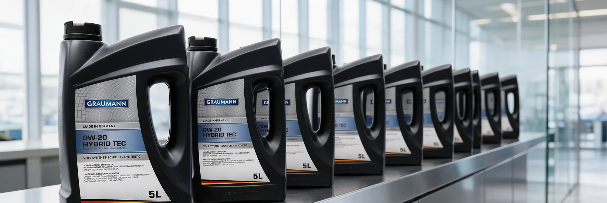 Канистры GRAUMANN 0W-20 Hybrid Tec 5 л, выставленные в ряд на прилавке