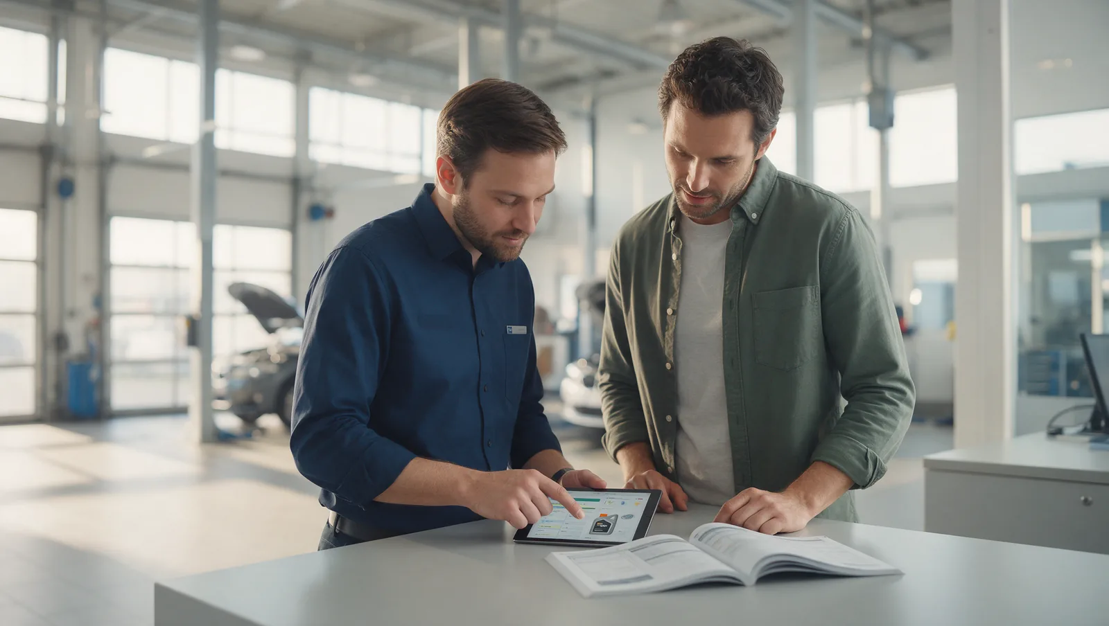 A service specialist checking the oil requirement for a customer's vehicle with them